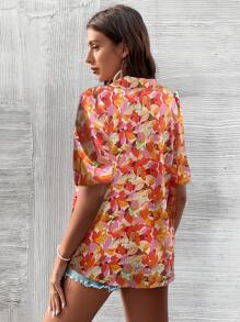 Breezaya Camisa Estampado De Flores De Manga Corta Para Mujer, Perfecta Para Ocasiones Casuales O De Vacaciones De Verano - Rojo - Ver 2