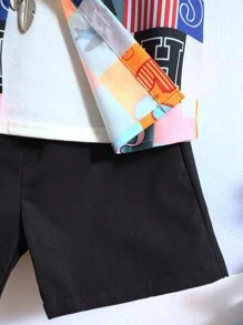 2入組幼兒男童可愛休閒印花領襯衫,帶一個口袋和純色短褲,適合外出、度假、學校、春夏季節穿著 - 藍色 - 查看 6