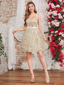 Double Crazy Women's Sequin Decorated Party Cocktail Dress With Spaghetti Straps - Apricot - View 6