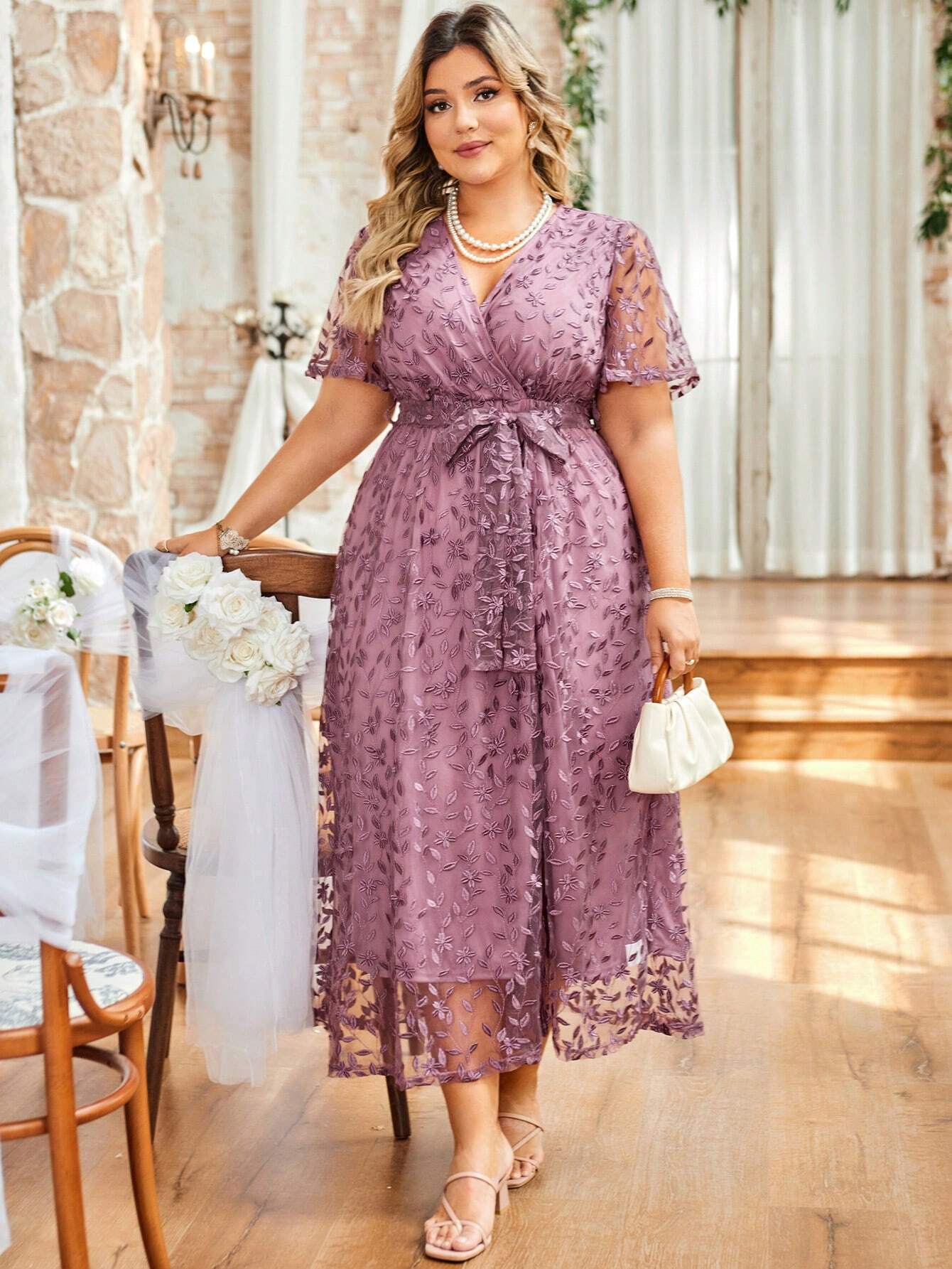 SHEIN Clasi Plus Size Embroidered Mesh Dress, Wedding Guest Dress ...