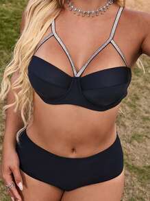 SHEIN Swim Ladies' Sparkly Shoulder Strap Swimwear Set With Underwire Summer - Black - View 1