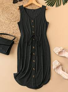 SHEIN LUNE 大尺寸鈕扣細節V領無袖休閒連衣裙 - 深灰色 - 查看 1