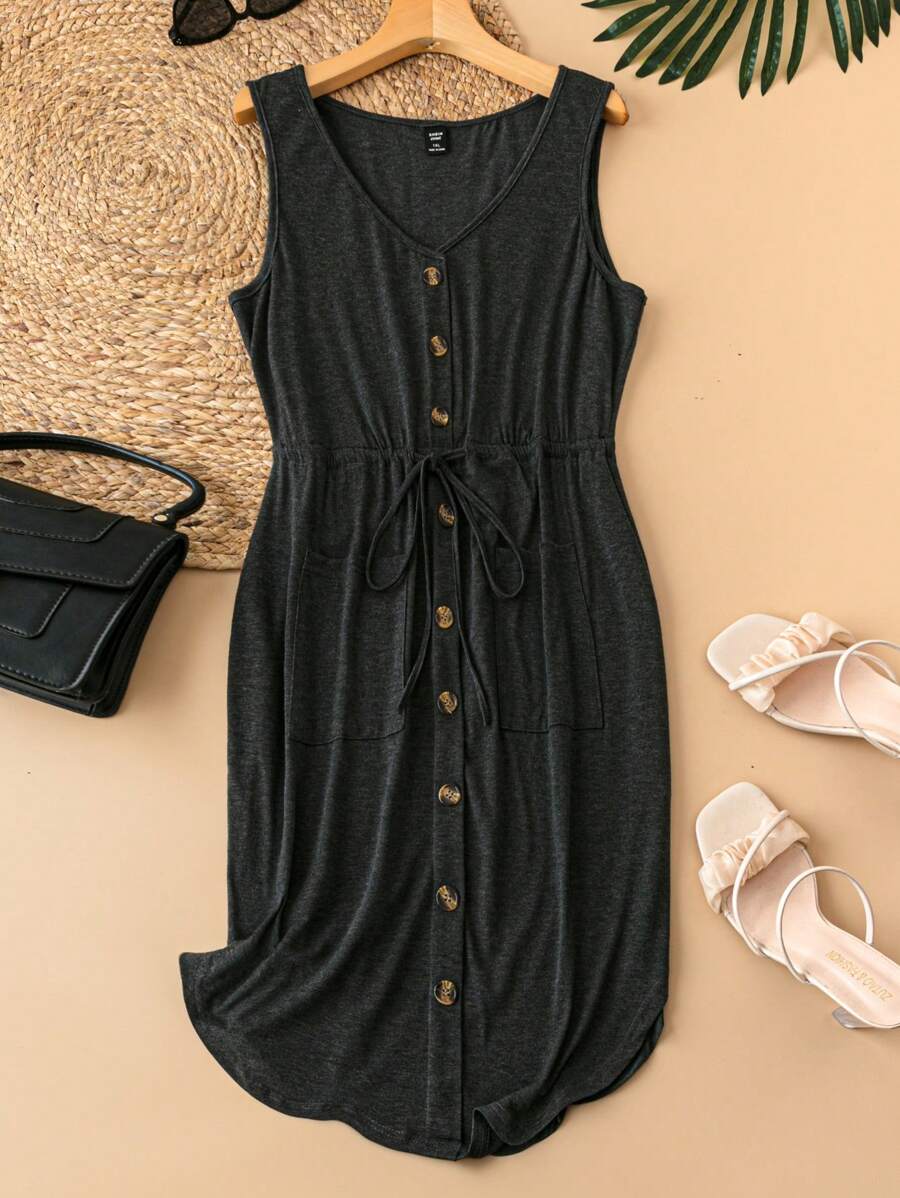 SHEIN LUNE 大尺寸鈕扣細節V領無袖休閒連衣裙 - 深灰色 - 查看 1