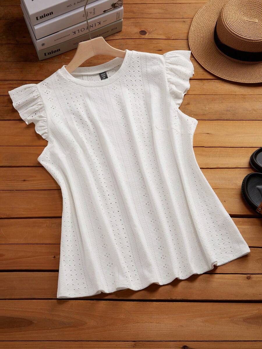 SHEIN LUNE Kích thước lớn Màu thuần Ngắn Tay áo hình bướm Cơ bản Áo thun Đối với Mùa xuân/Mùa hè - trắng - Xem 1