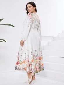 Mulvari Plus Size Women's Floral Printed Lantern Sleeve Long Arabic Style Dress