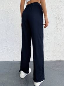 EURMUSE Ladies' Solid Color Casual Full Length Straight Pants - Navy Blue - View 3