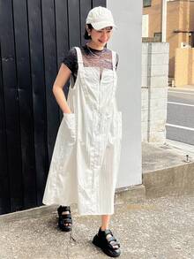 FRIFUL Solid Color Patchwork Pocket Strap Dress - White - View 2