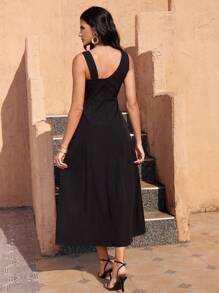 GENKIRA Women's Asymmetrical Shoulder Beaded Dress For Summer - Black - View 2