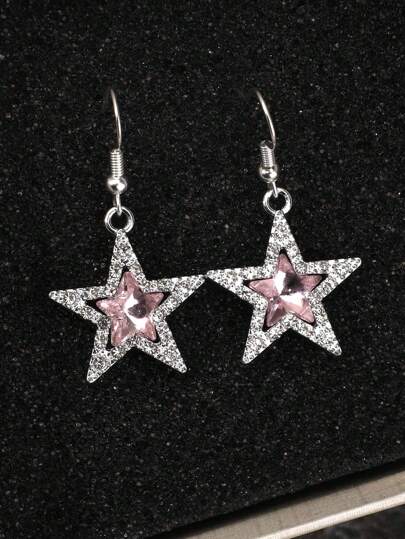 1pair Retro Gothic Rock Style Star Shaped Earrings With Rhinestone Detail, Halloween