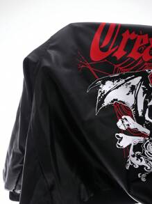 Coolane Halloween Skull & Letter Graphic Drop Shoulder PU Leather Jacket - Black - View 6