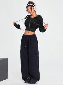 Coolane Zip Up Drawstring Hooded Sequin Jacket In Fall/Winter - Black - View 4