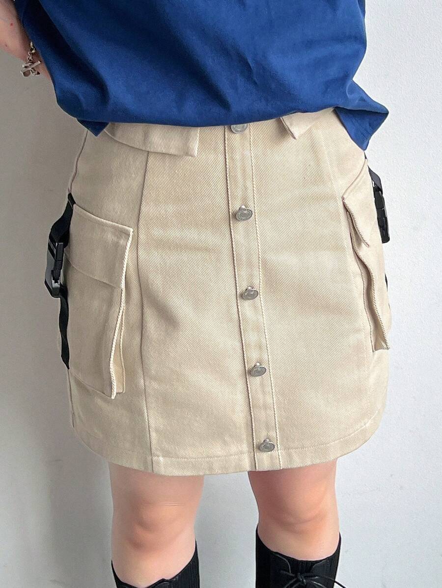 FRIFUL 女款鈕扣裝飾工裝風休閒A字裙,鉛筆裙校園風 - 卡其色 - 查看 1
