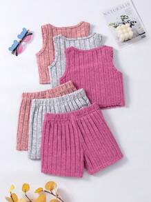SHEIN Genkimix Kids Young Girl 3pcs/Set Simple And Comfortable Racerback Tank Tops And Shorts - Multicolor - View 2