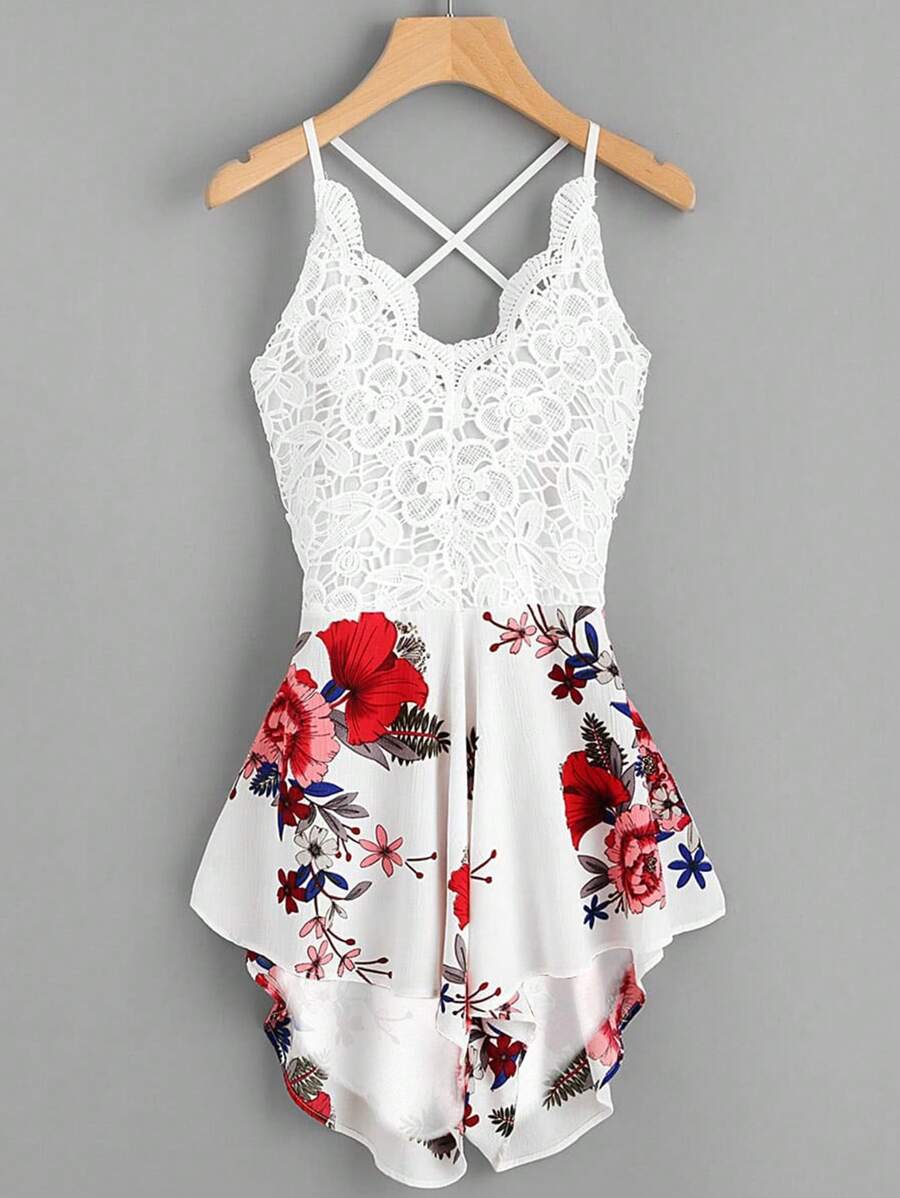 SHEIN LUNE jumpsuit hai dây phối ren in hoa kiểu mới - Nhiều màu - Xem 1