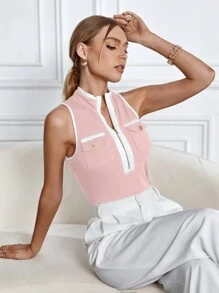 SHEIN Privé 女士立領彩塊背心上衣，帶邊緣修飾 - 彩色 - 查看 6