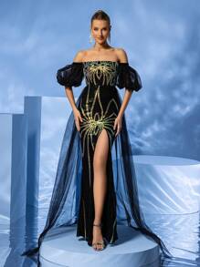 Off Shoulder Sequined Slit Waist Cinched Evening Dress - Black - View 1