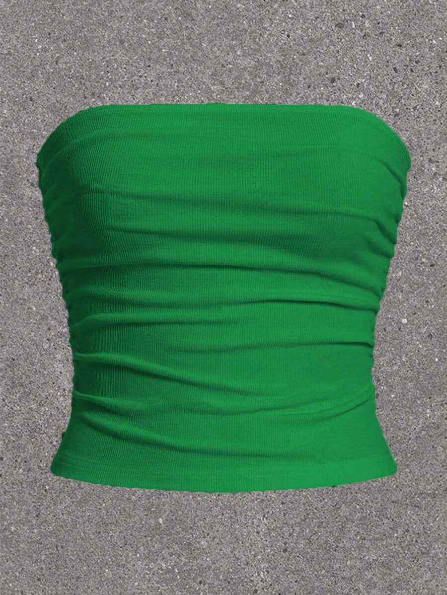 SHEIN EZwear Eyelet Embroidery Solid White Ruched Side Tube Top For Summer Country Concert - Green - View 1
