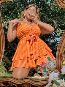 SHEIN SunnyBelle Kích thước lớn Đúng mốt Sọc & In Dây đeo Áo liền quần Với Thắt Lưng Và Ruffled Hem Cho mùa xuân & Mùa hè - Nhiều màu - Xem 1