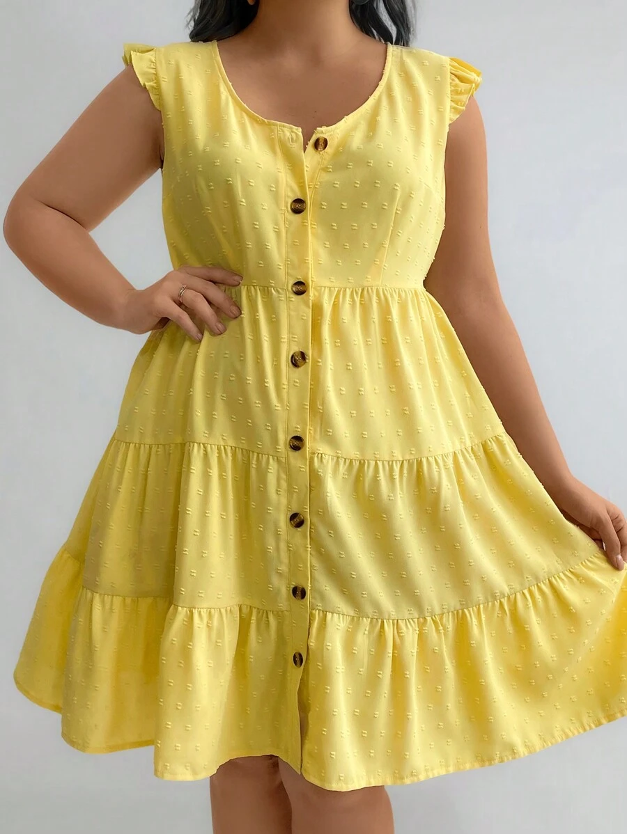 Flirla 加大碼純色荷葉邊連衣裙 - 黃色 - 查看 1