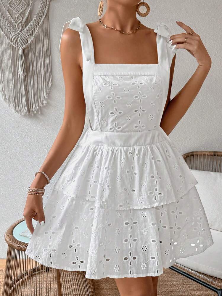 Women's Eyelet Embroidery Wide Strap Backless Mini Dress, Suitable For Summer