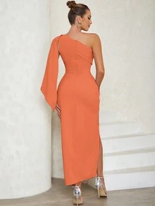 Vintage Sexy Asymmetrical Neck Strap High-Slit Bodycon Cocktail Dress - Orange - View 2