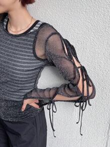 FRIFUL Blusa de mujer con cordones, calada y transparente de manga larga