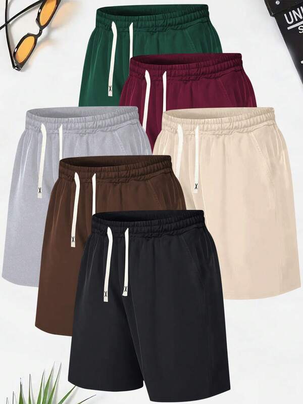 6pcs Men's Colorful Sports & Casual Beach Shorts, Summer New Classic Retro Minimalist Solid Color Drawstring Elastic Waist With Pockets