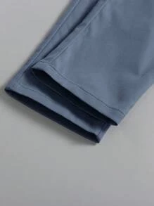 SHEIN Trẻ Con trai Giải trí Khối màu Trang trí Sọc Vòng cổ Ngắn tay Áo sơ mi Với Màu thuần Dài Quần Bộ - Màu xanh lam - Xem 5