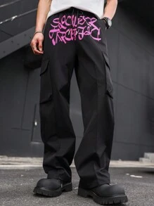 Manfinity EMRG Loose Fit Men's Cargo Pants With Letter Print - Black - View 6