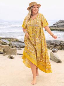 Bohemian Women Plus Size Floral V-Neck Loose Dress Beach Holiday Summer Party Wedding Season Coachella Music Festival