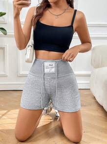 SHEIN EZwear Letter Patched Wide Leg Drawstring Waist Shorts - Grey - View 3