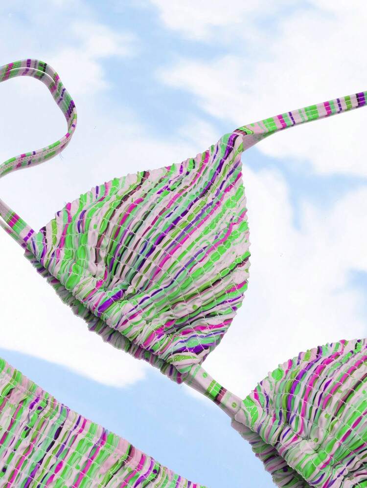 Women's Printed Halterneck Spaghetti Strap Bralette & Tie Side Bikini Set Bottom Two Pieces Bikini Set Summer Beach