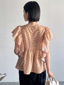 FRIFUL Women's Stylish Polka Dot Pattern Ruffled Hem Blouse - Beige - View 5