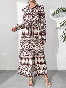 Seusyu 女士幾何印花長袖阿拉伯風格連衣裙 - 咖啡棕 - 查看 6