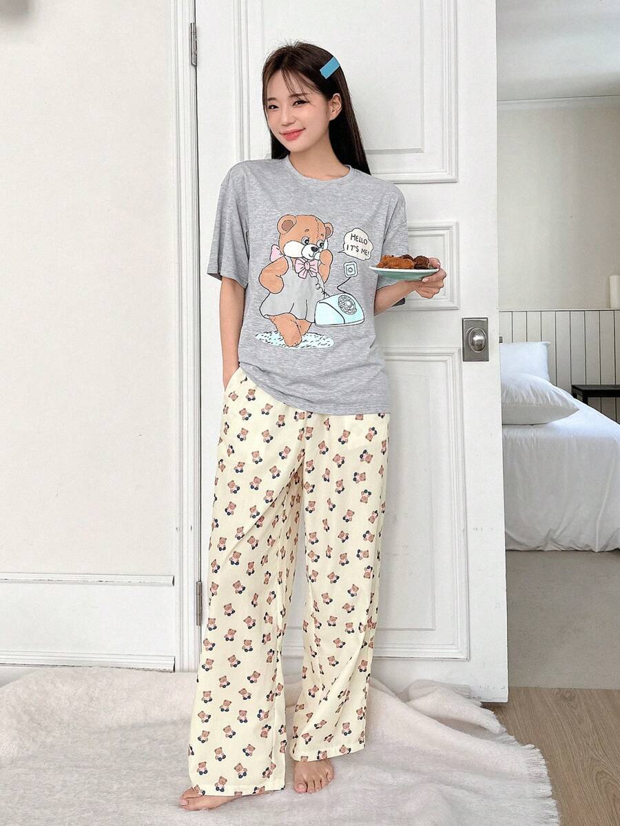 DAZY Conjunto De Pijama Impreso Para Mujeres Con Eslogan Y Dibujos Animados - Gris - Ver 1