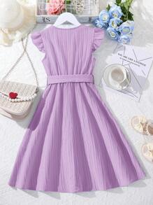 Tween Girl Round Neck Cap Sleeve Dress With Belted Waist And Simple Design - Mauve Purple - View 7