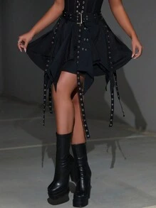 90年代格倫吉斜襬腰帶鉚釘織孔褶裙,音樂節和嘉年華裝配件 - 黑色 - 查看 1