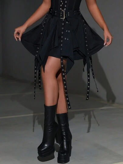 90年代格倫吉斜襬腰帶鉚釘織孔褶裙,音樂節和嘉年華裝配件