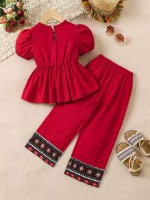 SHEIN 年轻女孩几何印花泡泡袖上衣配荷叶边下摆和裤子两件套 - 紅色 - 查看 2