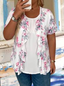 花印花拼接二合一設計大尺寸t卹 - 彩色 - 查看 1