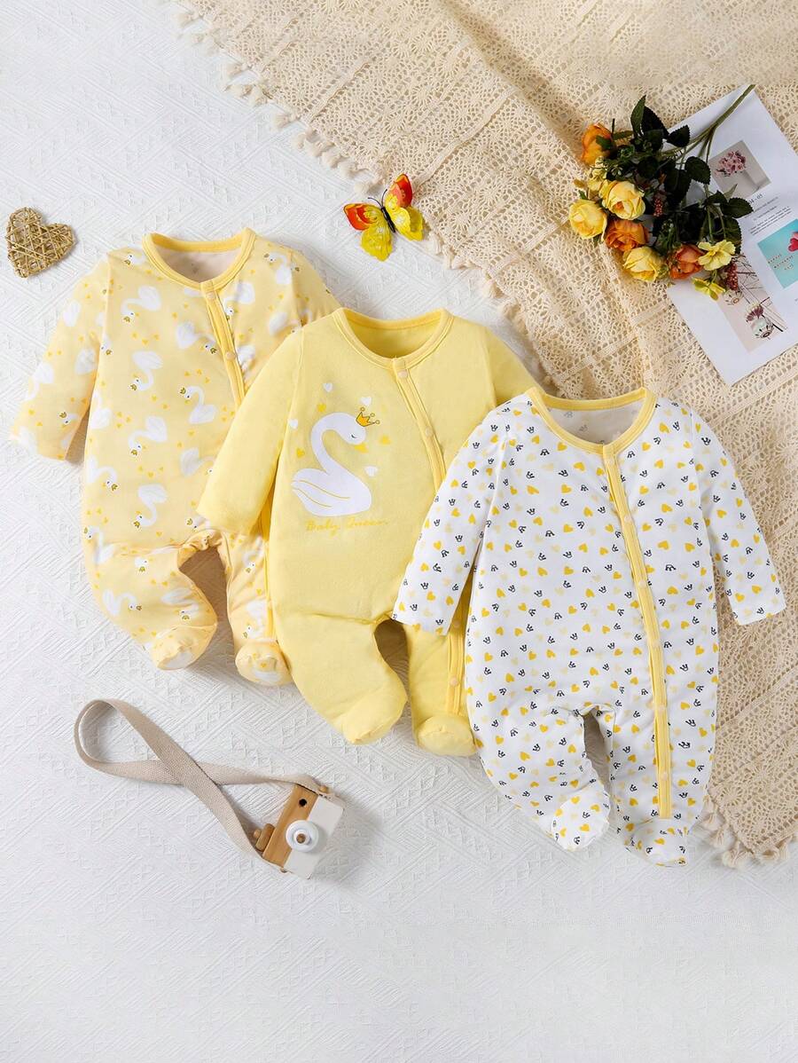 SHEIN 3pcs/Set Newborn Baby Long Sleeve & Leg Heart, Swan Print Romper Pajamas - Yellow - View 1