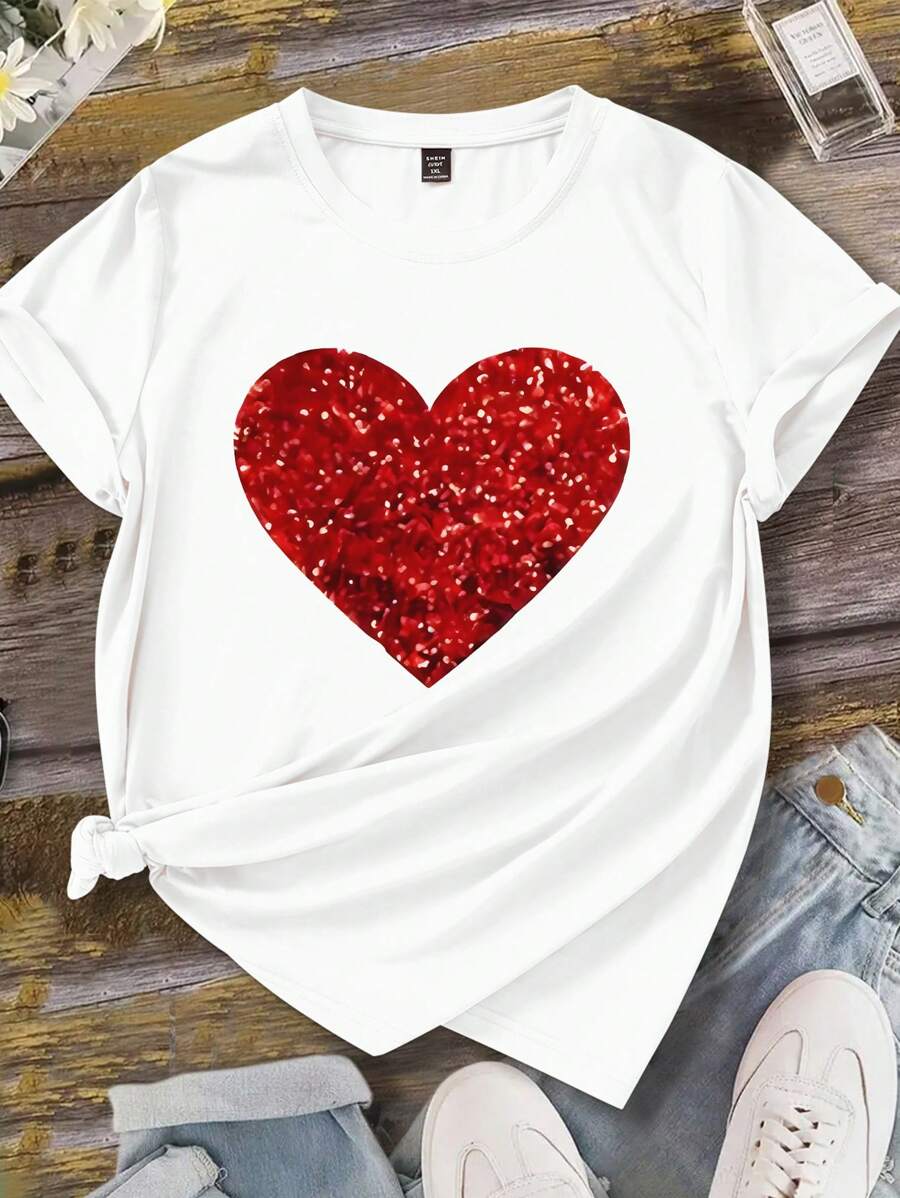 Calvaya Heart Print T-Shirt, Imitation Rhinestone Valentine Short Sleeve Crew Neck Casual Top For Spring & Summer, Women's Clothing - White - View 1