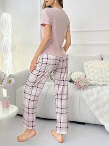 Women's Solid Color Round Neck Short Sleeve T-Shirt And Plaid Long Pants PJ Set / Pajama Set, Suitable For Summer - Baby Pink - View 2