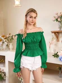 SHEIN Privé Áo sơ mi nữ dài tay có tay áo kiểu Shirred lệch vai có viền xù - màu xanh lá - Xem 5