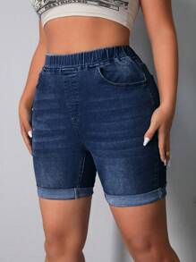 SHEIN LUNE Pantaloni Corti In Denim Taglia Plus, Adatti Per L'estate - Blu lavato scuro - Visualizzare 1