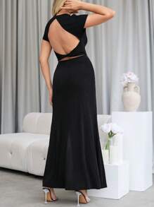 SHEIN Privé Của phụ nữ Màu thuần Vòng cổ Ngắn tay Top Cây trồng Và Tách Váy - màu đen - Xem 2