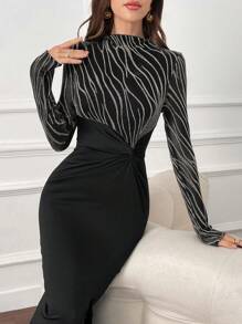 Modelyn Vrouwen Modieuze En Elegante Staande Kraag Lange Mouw Taille-Strakke Split Jurk Maxi Vrouwen Outfit Lange Avondjurken