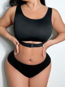 2pcs/Set Women's Plus Size Wireless Seamless Bra And Panties Set In Solid Color - Black - View 3