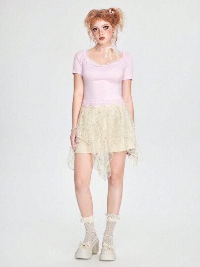 Sweetness Vintage Sweet Asymmetrical Embroidered Mesh High Waist Women's Skirt