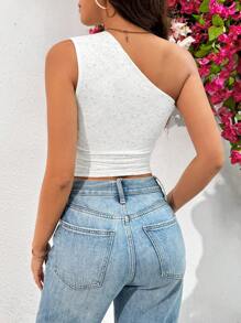 SHEIN Essnce 春夏款單肩褶皺蕾絲背心 - 白色 - 查看 2
